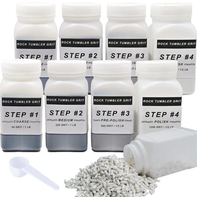 Azefun 8 LB Rock Tumbler Grit and Polish Kit and Ceramic Tumbling Filler Media, Coarse/Medium/Pre-Polished/Final Polish, Silicon Carbide Grit, Ideal for Any Rock Tumbler & Stone Polisher - Image 1